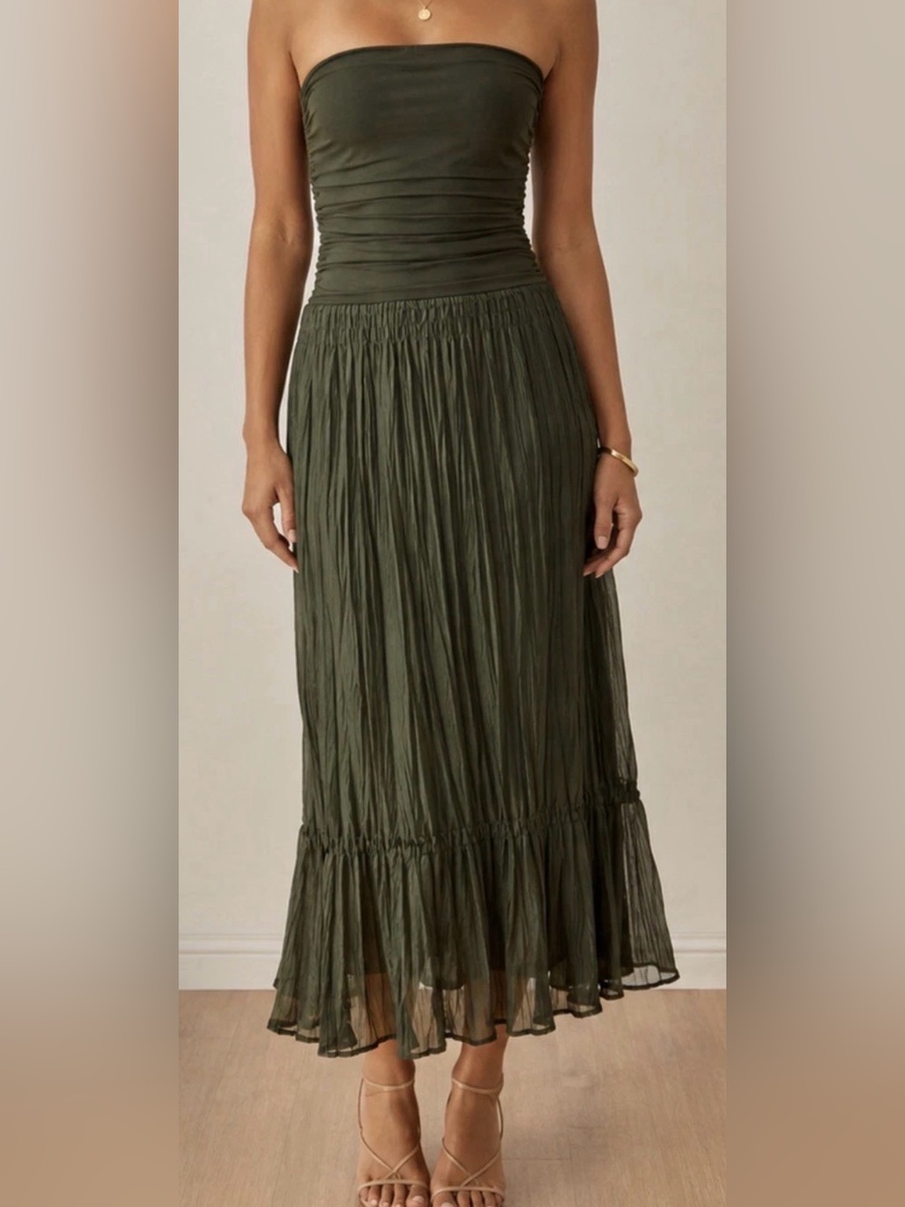 Crimson Anna Pianura Italy Sz 42 US 12 Olive Green Strapless Ruched Dress.
